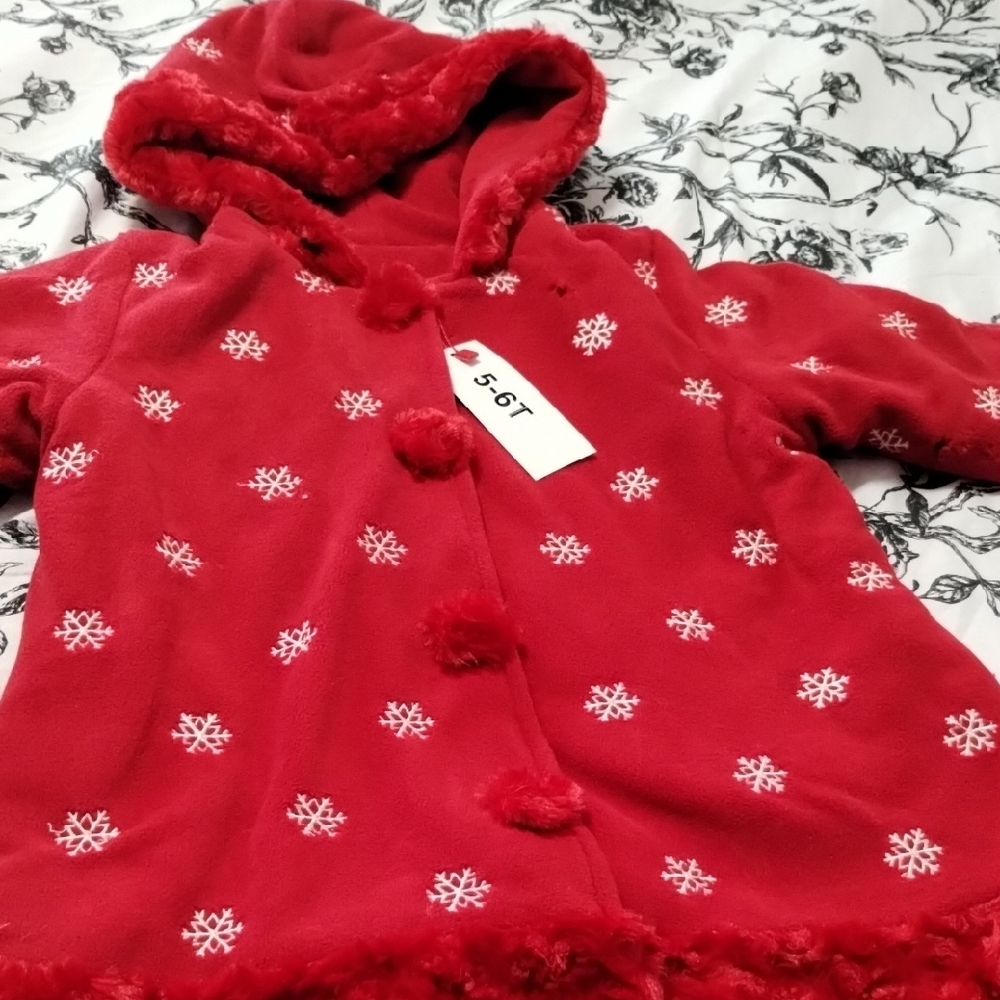 Red Hooded Coat with Snowflake Pattern